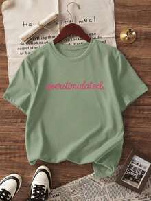 Camiseta casual de mujer de manga corta y cuello redondo - Estampado impreso, tela suave y cómoda, lavable a máquina, blusas de verano - Verde hierba - Ver 2