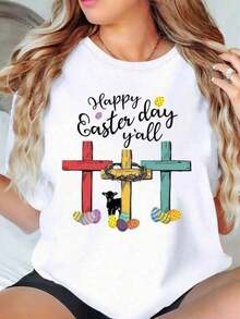 Feliz Día de Pascua, Chicas. Camiseta de Mujer con Cruz y Cordero. Celebración de Pascua, Camiseta Gráfica Religiosa para las Fiestas de Primavera para Mujer. Blusas para mujer. - Blanco - Ver 1