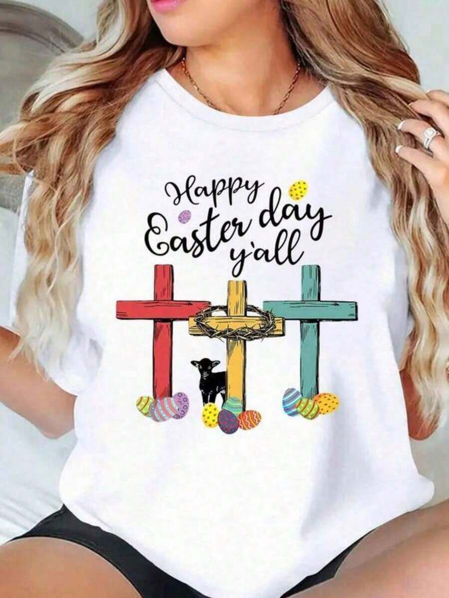 Feliz Día de Pascua, Chicas. Camiseta de Mujer con Cruz y Cordero. Celebración de Pascua, Camiseta Gráfica Religiosa para las Fiestas de Primavera para Mujer. Blusas para mujer. - Blanco - Ver 1