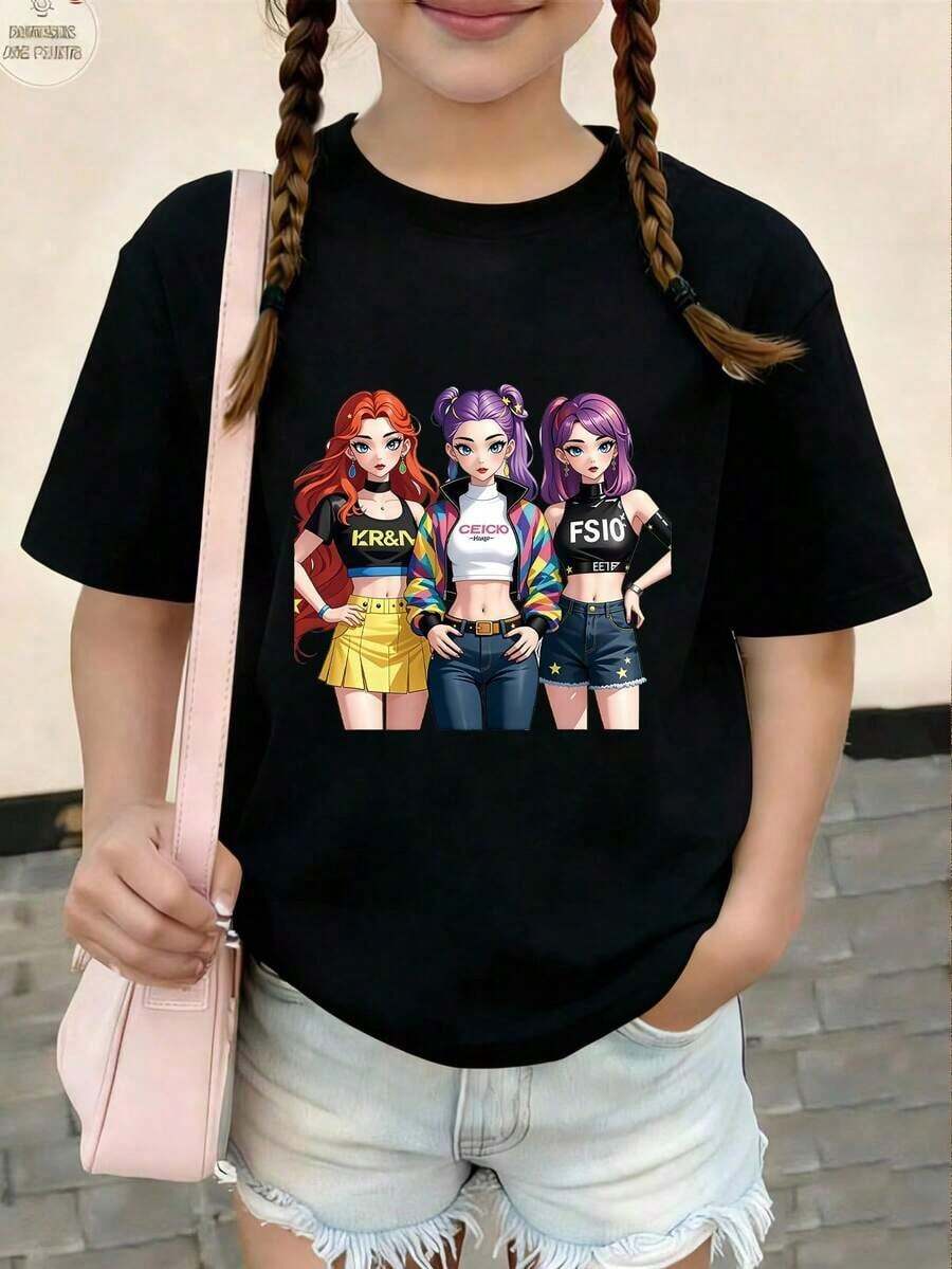 Sparklyn Black Short Sleeve Crew Neck Graphic Tee For Preteen Girls, Casual, Comfortable, And Fashionable Minimalist Graphic Tee, Versatile, With Cartoon, Creative, Fun, Celebrity, Anime, And Prints, 100% Cotton - 5 - 查看 1