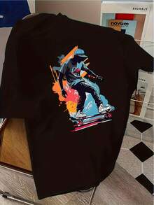 [Summer Casual Fashion] Crew Neck T-Shirt With Skateboard Boy Print, Summer Casual Fashion, New Arrival, Loose Fit, Comfortable And Breathable Design, Simple And Stylish For Daily Wear, Displayed On Wooden Desktop Background, Cozy - 黑色 - 查看 6