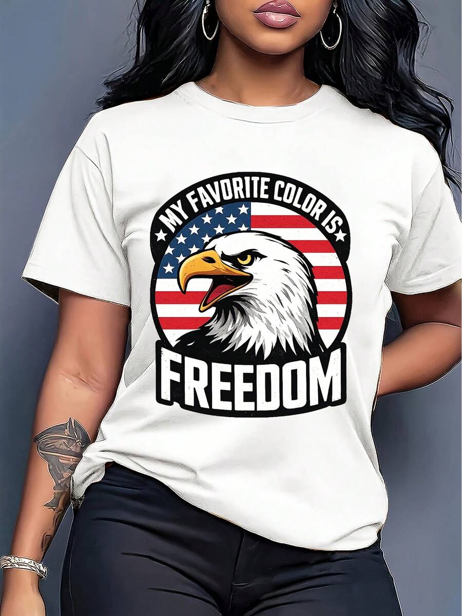 Playera con águila estadounidense y frase "My Favorite Color Is Freedom", ideal para mostrar orgullo patriótico con estilo. - Blanco - Ver 1