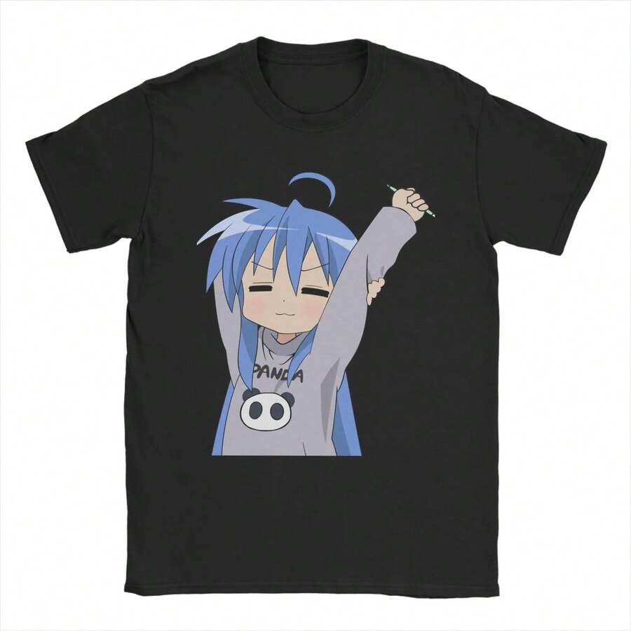 Camiseta de algodón Lucky Star Otaku para hombre, estilo urbano de verano, cuello redondo, informal, T1EE, talla grande, estampado, 220 g, unisex, de algodón grueso, suave y transpirable, con excelente elasticidad, agradable para la piel y cómoda para usar todo el día. Diseño clásico y casual, fácil de combinar, ideal para salidas diarias, estilo urbano, deportes, citas y reuniones informales durante todo el año. - Negro - Ver 1