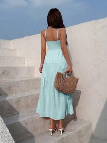 Vestido con escote de tubo plisado de tela texturizada color melocotón claro, con tirantes finos, cintura suelta, estilo relajado para vacaciones - verde menta - Ver 6