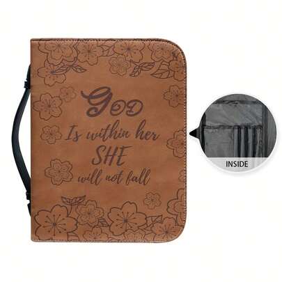 Funda para Biblia de estilo vintage en color marrón, con grabado floral y la inscripción "Dios en ella, no tropezará", funda para Biblia de estilo femenino con cremallera, asa y bolsillo.