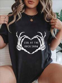 Women's Printed T-Shirt - Skeleton Hands Forming A Heart Design, Girl At A Rock Concert, Casual Crew Neck Short Sleeve T-Shirt For Urban Wear, Comfortable Fit For All Seasons_x000D_
White - High Quality - 黑色 - 查看 8