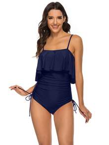 Traje de baño de una pieza para niña, de color sólido, sexy, con tirantes grandes y volantes. - Azul - Ver 9