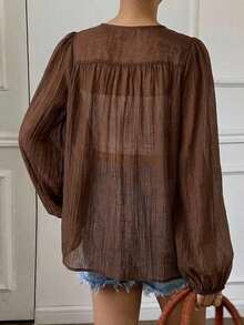 Camisa de mujer casual y versátil de unicolor con lazo - Café integral - Ver 2