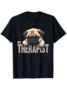 Funny Pug T-Shirt "My Therapist" - Unisex Casual Short Sleeve Crew Neck T-Shirt For Men And Women, Machine Washable Gift For Pug Dog Lovers - Comfortable Casual Outfit With Therapist Themed Clothing - 黑色 - 查看 1