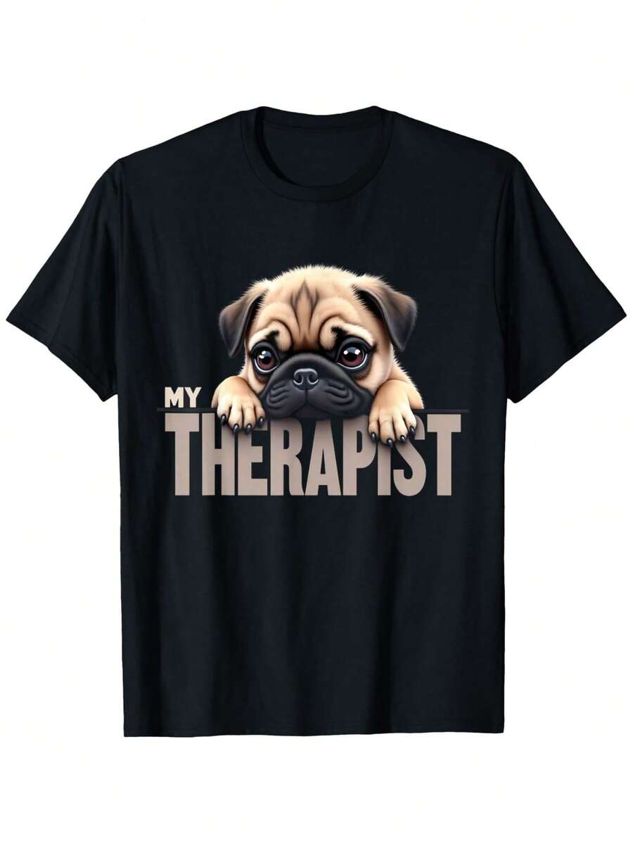 Funny Pug T-Shirt "My Therapist" - Unisex Casual Short Sleeve Crew Neck T-Shirt For Men And Women, Machine Washable Gift For Pug Dog Lovers - Comfortable Casual Outfit With Therapist Themed Clothing - 黑色 - 查看 1