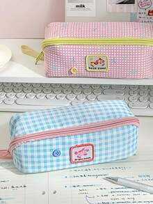 1pc Multi-Color Plaid Pencil Case, Large Capacity Multifunctional Stationery Box, High Aesthetic Stationery Storage Bag With Smooth Zipper And Horse Pattern Fabric Label, Suitable For School, Daily Study And Back To School Gift - Pencil Case - View 2