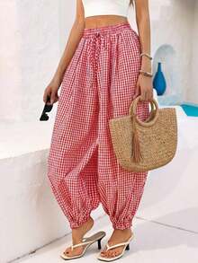 Pantalones holgados de tiro alto con bolsillos y estampado de cuadros para mujer, ideales para vacaciones, estilo vacacional, atuendos de verano. Pantalones holgados con cintura elástica y estampado de cuadros, adecuados para la oficina, negocios, vacaciones, uso casual, diario, universidad, viajes. Nuevos pantalones de verano para mujer, pantalones de trabajo, pantalones envolventes, pantalones de trabajo para mujer. - Rojo - Ver 7