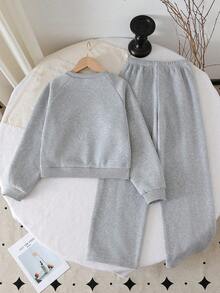 Girls' Fashion Gray Bow Print Round Neck Long Sleeve Top And Wide Leg Pants With Bow Decor, Autumn/Winter - Light Grey - View 2