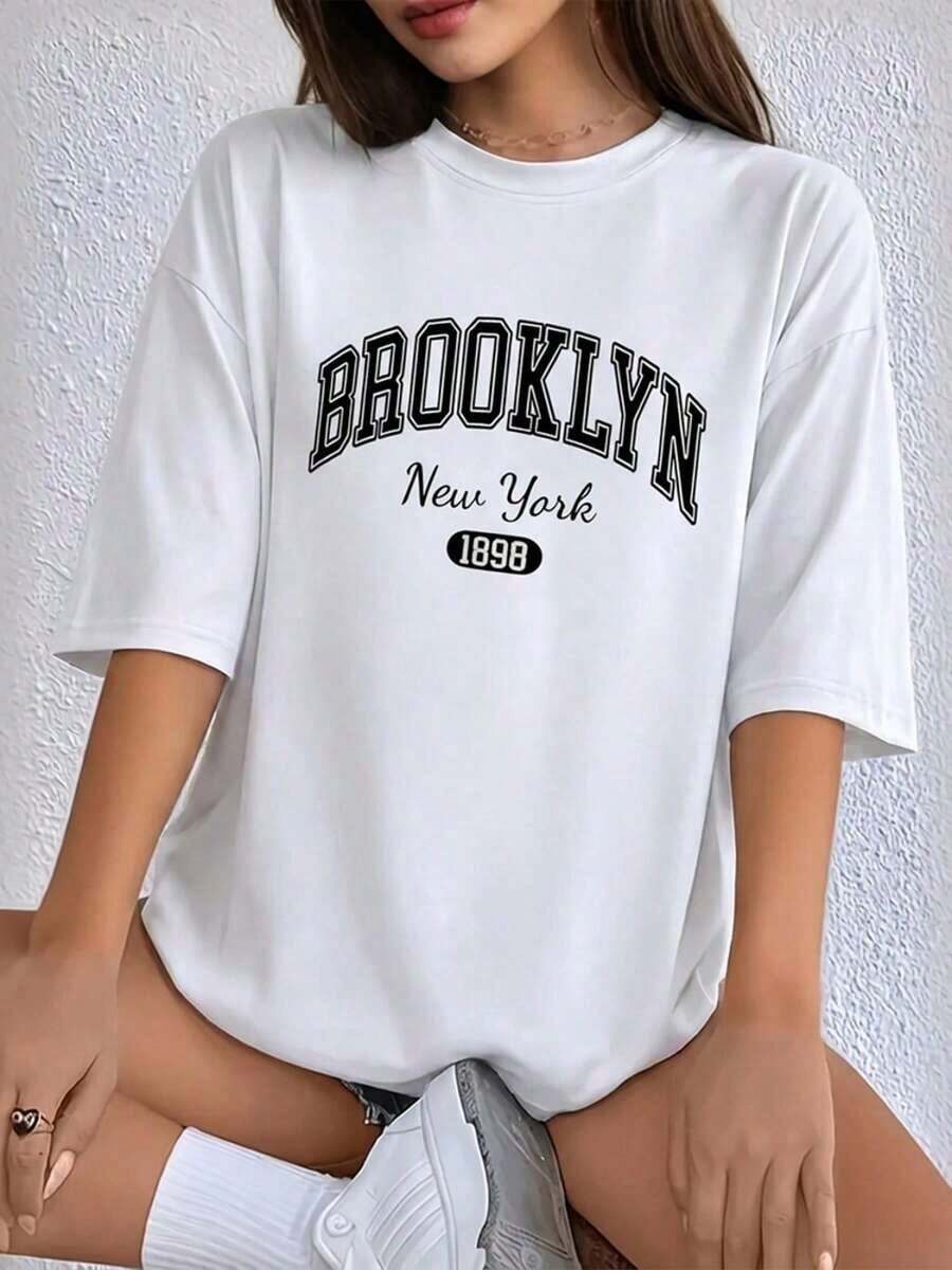Letter Print T-Shirt, Short Sleeve, Round Neck, Casual Style, Summer And Spring Clothing For Women - Urban Vintage Style, Unisex, Loose Fit 100% Pure Cotton T-Shirt - 白色 - 查看 1