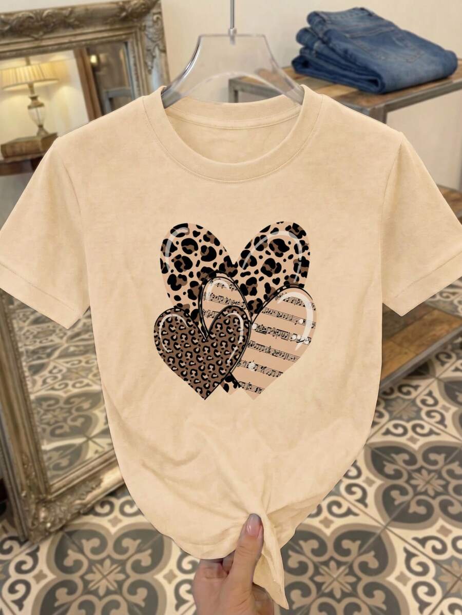 Camiseta informal de manga corta con cuello redondo para mujer con estampado de corazón de leopardo, largo regular, poliéster. - Albaricoque - Ver 1