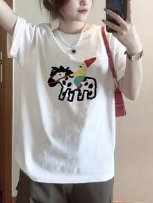 Women's Short Sleeve T-Shirt With Fun Retro American Cartoon Print, Custom Minimalist Casual Shirt, Fashionable Summer Loose Design Top - Unisex Cotton Loose Short Sleeve Crew Neck Urban Vintage Style T-Shirt. - 白色 - 查看 3