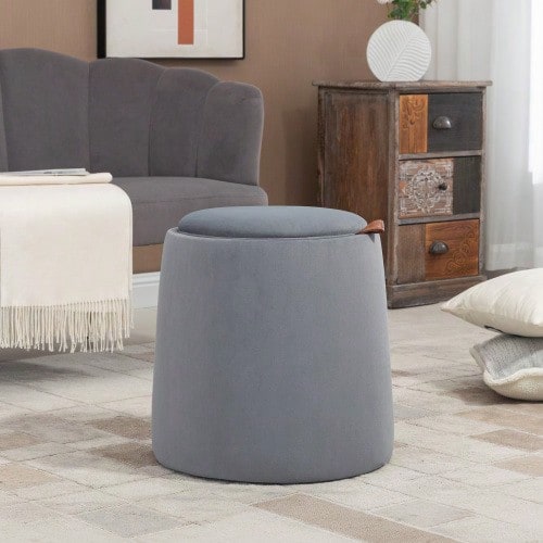 2-In-1 Ottoman, Round Footstool In Grey Velvet Look With Storage Space, Removable Lid, Ø44cm X 47.5cm, Versatile Use As A Side Table - 灰色 - 查看 1