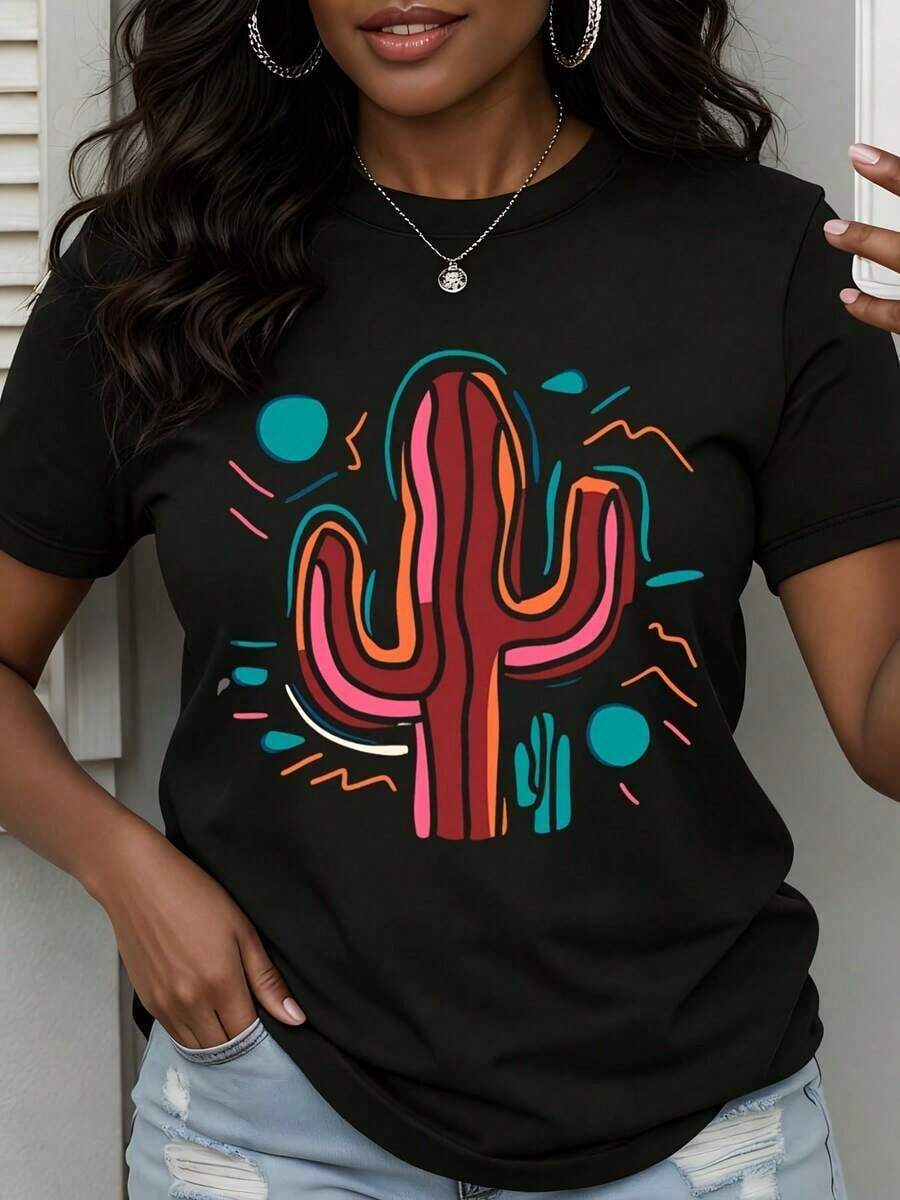 ropa de mujer Camiseta con estampado de cactus colorido para mujer, top casual de verano, manga corta, cuello redondo, camisas de mujer - Negro - Ver 1