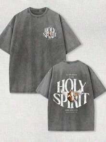 Conjuntos de Verano Camiseta Estampada con la Frase "Poder del Espíritu Santo" |     Camiseta Vintage Lavada de 230g de Algodón Puro |     Fe Cristiana Estilo Retro Urbano |     Camisa Casual Holgada de Verano para Hombre, Conjuntos de Vacaciones para Mujer, Camisa de Botones para Hombre, Manfinity FEE9 (Estilo retro, unisex, de tela gruesa) - Gris Oscuro - Ver 1