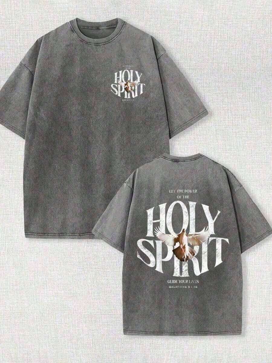 Conjuntos de Verano Camiseta Estampada con la Frase "Poder del Espíritu Santo" | Camiseta Vintage Lavada de 230g de Algodón Puro | Fe Cristiana Estilo Retro Urbano | Camisa Casual Holgada de Verano para Hombre, Conjuntos de Vacaciones para Mujer, Camisa de Botones para Hombre, Manfinity FEE9 (Estilo retro, unisex, de tela gruesa) - Gris Oscuro - Ver 1