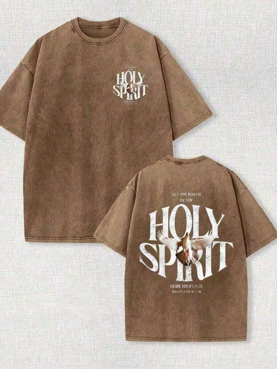 Summer Outfits Printed T-Shirt With The Phrase "Power Of The Holy Spirit" | Vintage Washed T-Shirt Of 230g Pure Cotton | Christian Faith Urban Retro Style | Casual Loose Summer Shirt For Men, Holiday Outfits For Women, Button-Down Shirt For Men, Manfinity FEE9 (Retro Style, Unisex, Thick Fabric) - 咖啡棕 - 查看 1