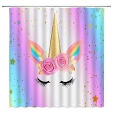 AMFD Unicorn Shower Curtain Rainbow Magic Head Rose Flower Romantic Cute Girl Baby Kid Pink Cartoon Bathroom Curtains Decor Polyester Fabric Waterproof 70 x 70 Inches Include Hooks - Rosa azul oro amarillo. - Ver 5