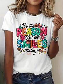1 pieza, camiseta de manga corta de algodón puro clásica y versátil, adecuada para vestir en cualquier estación, con dise?o positivo y motivos modernos, estilo elegante - Blanco - Ver 1
