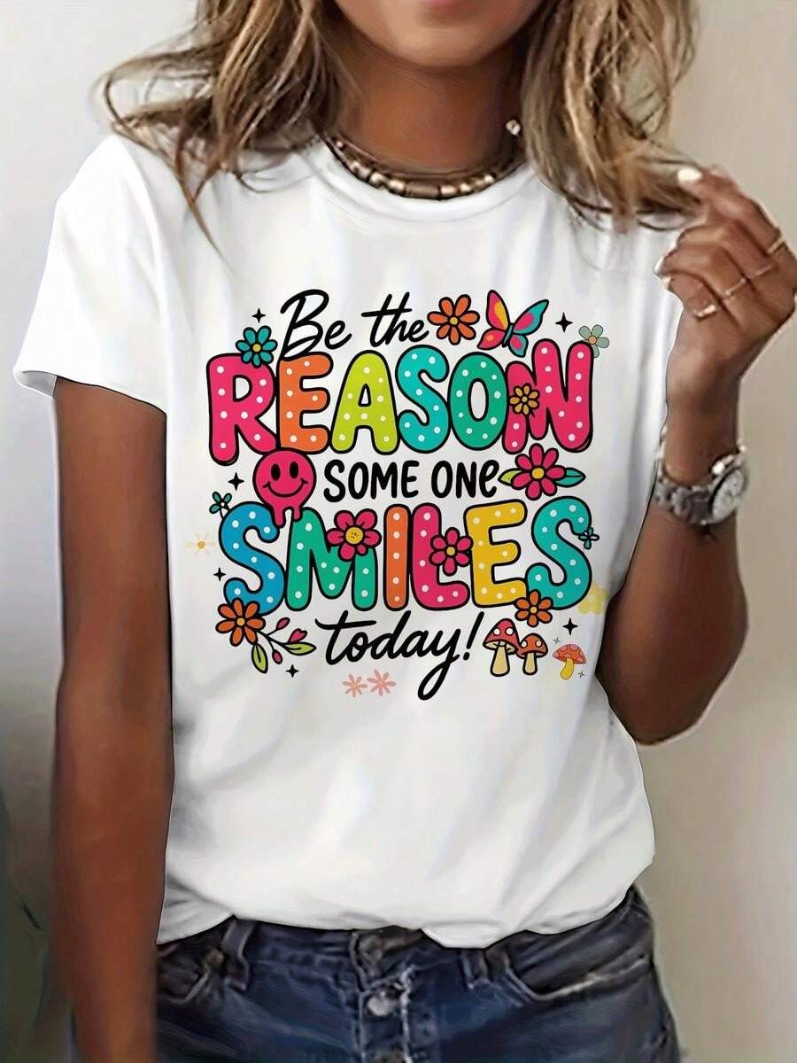 1 pieza, camiseta de manga corta de algodón puro clásica y versátil, adecuada para vestir en cualquier estación, con dise?o positivo y motivos modernos, estilo elegante - Blanco - Ver 1