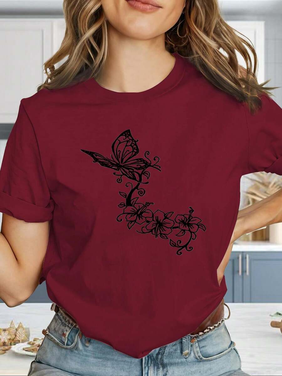 Comfortable And Stylish Women's T-Shirt "Y2K Style Women's T-Shirt With Butterfly Print And Geometric Logo - Slim Fit Short Sleeve T-Shirt, Black And Gold Color Combination, Casual Summer Shirt, Machine Washable Stretch Fabric (Wrinkle-Resistant), Suitable For Casual Wear And Layering." UUVZ - 紅色的 - 查看 1