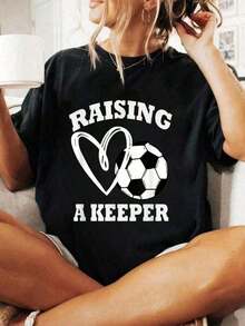 Camiseta 100% Algodón con Estampado Gráfico "Raising A Keeper Goalie Soccer Goalkeeper's Mom Mother", Camisetas de Verano para Mujer, Cuello Redondo, Camisetas de Moda, Playeras de Mujer - Negro - Ver 5