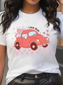 ropa de mujer Camiseta con estampado de coche vintage rojo con regalos rosados y corazones, diseño para uso casual, regalo de San Valentín, camisetas de mujer, camisetas para el Día de San Valentín, cómoda de llevar, adecuada para todas las estaciones, hecha de tela de algodón puro de baja elasticidad, la mejor opción para regalos de San Valentín (tallas S-4XL). camisas de mujer - Blanco - Ver 6