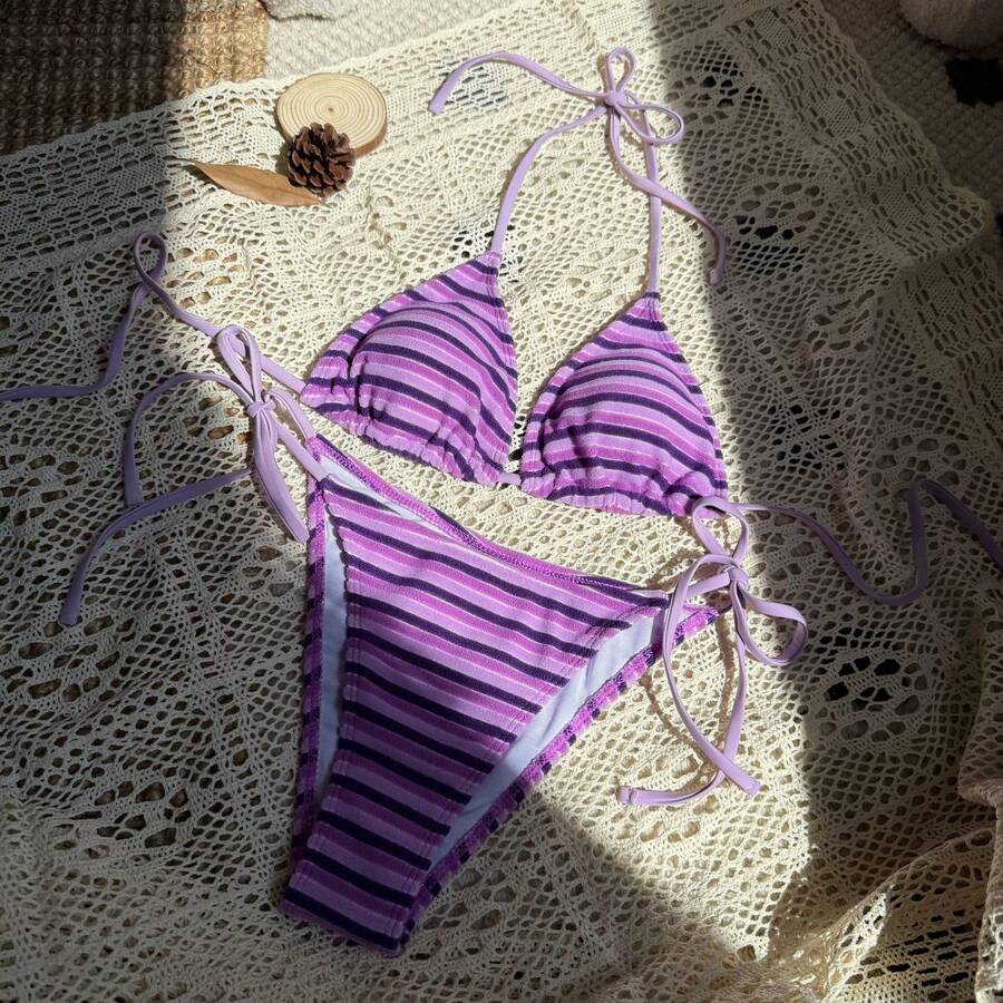 Nuevo bikini de dos piezas de tela a rayas, fresco y sexy. - Morado claro - Ver 1
