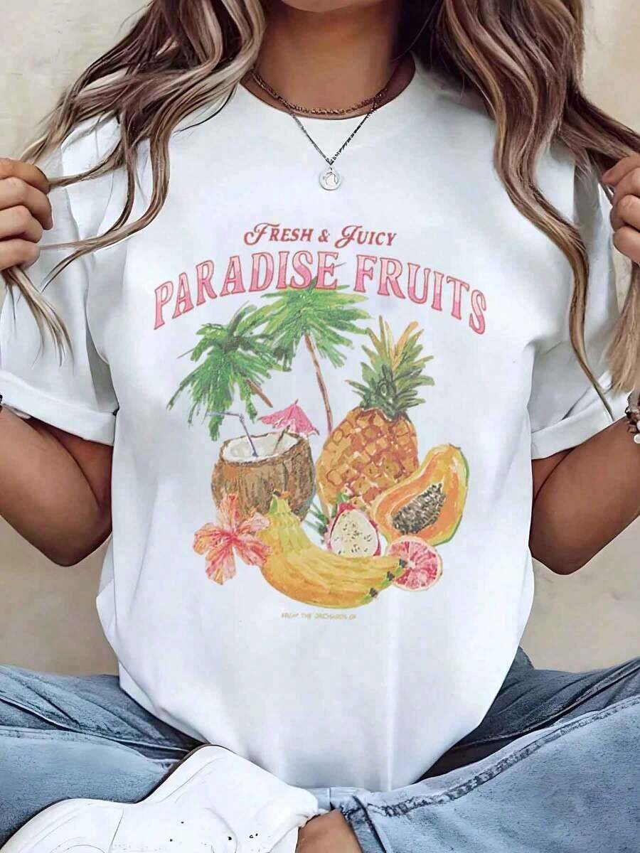 Casual T-ShirtWomen T Shirt Fresh Juicy Paradise Fruits Print Round Neck Casual Summer Top Gift 220g100% CottonDurable - 白色 - 查看 1