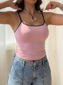 1 pieza Camiseta de tirantes ajustable con contraste de ribete azul marino en tono rosa polvo, top corto ajustado con bloques de color Y2K, elástico y transpirable, básico para capas, estética baddie, activewear para yoga, gimnasio, pilates, danza, uso casual, salir, diario y estilo de vida deportivo - Rosa - Ver 4