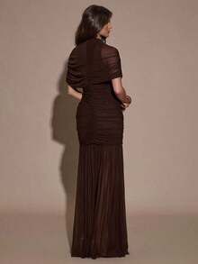 xhe X GALILEA   Vestido ajustado con pliegues elegantes, adecuado para cóctel, cita romántica, capas de otoño/invierno, fiesta, reunión formal, Halloween, Navidadxhe - Marrón 2 - Ver 2