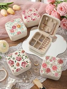 Vintage Print PU Leather Mini Jewelry Storage Box (10x10x5cm) - Portable Travel Jewelry Box, Multi-Compartment Interior Design With Ring Roll, Earring Slots And Necklace Hooks, Velvet Lining Zipper Closure, Lightweight, Ideal Gift For Sisters, Mothers, Teachers, Bridesmaids - Retro Print - View 4