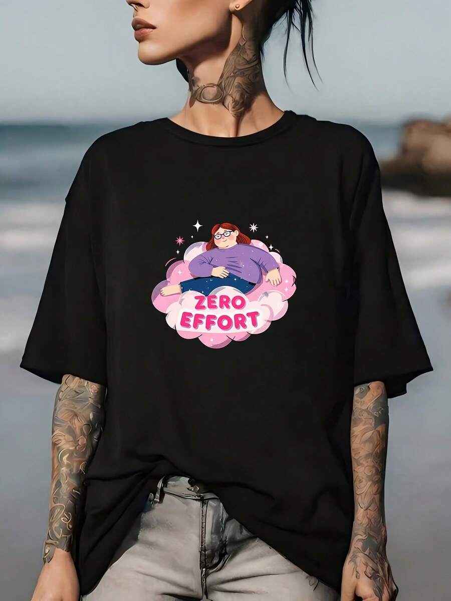 Camiseta Zero-Burden, 180 gramos, ajuste cómodo, perfecta para reuniones familiares, divertido estampado de nubes, ideal para regalos navideños, camiseta para actividades de team-building en la oficina, top casual de verano, moda femenina, diseño moderno. - Negro - Ver 1