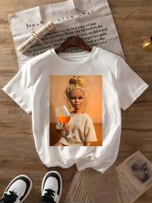 Camiseta de manga corta con cuello redondo y estampado de dibujos animados para mujer, top casual dulce para primavera y verano. - Blanco - Ver 8