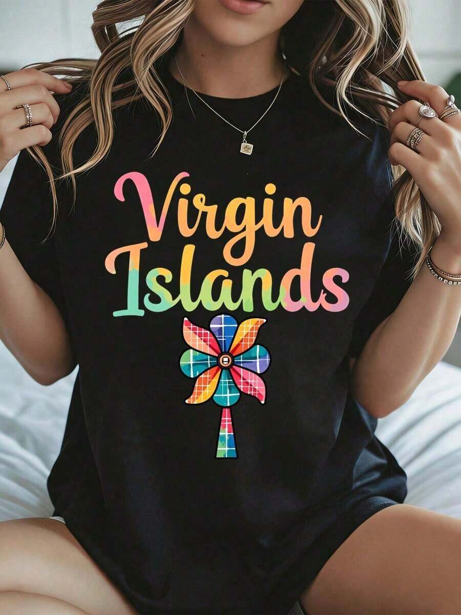 Elegante y casual camiseta de manga corta para mujer, con estampado de flores tropicales de las Islas Vírgenes, ropa de playa para vacaciones de verano, top casual blanco para mujer, verano 2024. - Negro - Ver 1