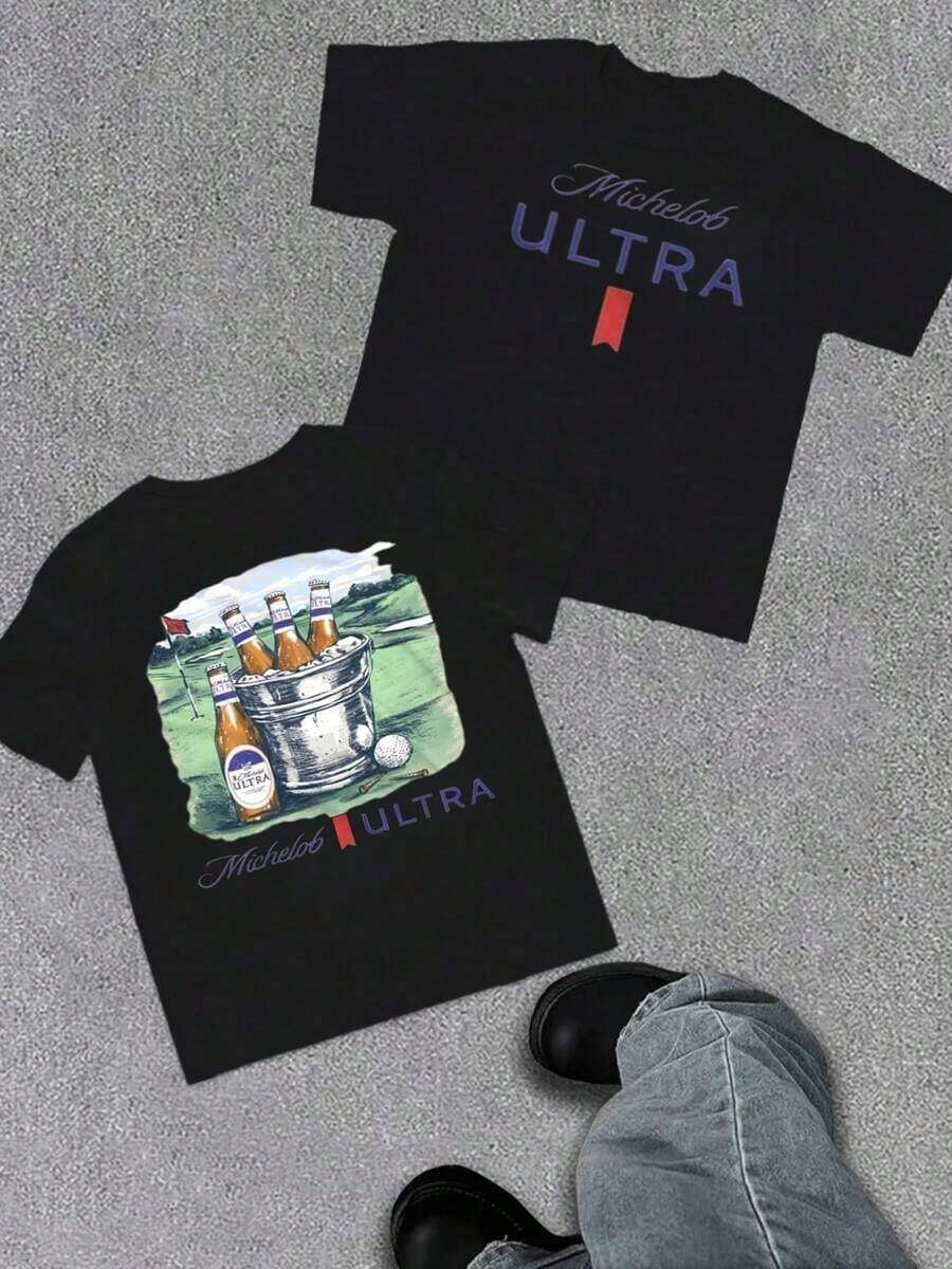 Camiseta de golf de manga corta para hombre, 100% algodón, estampado digital a doble cara, 1 pieza, estilo casual, 220 g, para fin de semana. - Negro - Ver 1