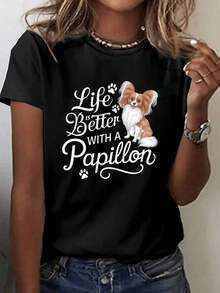 Camiseta de Mujer con Estampado Papillon |   Camiseta de manga corta con cuello redondo, ajuste elástico, lavable a máquina, ideal para primavera/verano, perfecta para amantes de las mascotas y para uso diario. - Negro - Ver 7