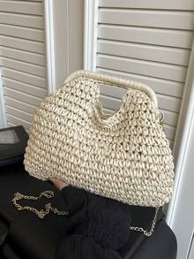 Handwoven Small Crossbody Bag, New Woven Shoulder Bag, Niche Beach Style, Versatile, Square Envelope Bag, Chic, Ins Style, Vacation Beach Bag, Random Floral Decor Color - White - View 12