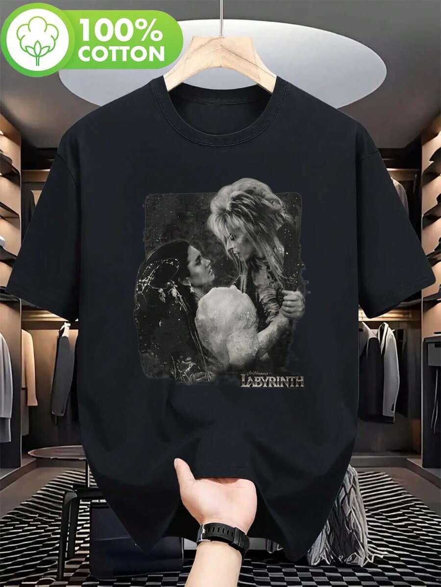 Camiseta Negra Unisex Vintage con Estampado de Laberinto Dream Dance, Camiseta Casual para Adultos, para Festivales de Música, Uso Diario, Atuendo Artístico para Festivales - Negro - Ver 1