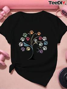 Women's Casual Top. Plus Size Women's Short-Sleeved Athletic T-Shirt With A Paw Print And Tree Print. A Must-Have For Everyday Casual Wear. - 黑色 - 查看 1