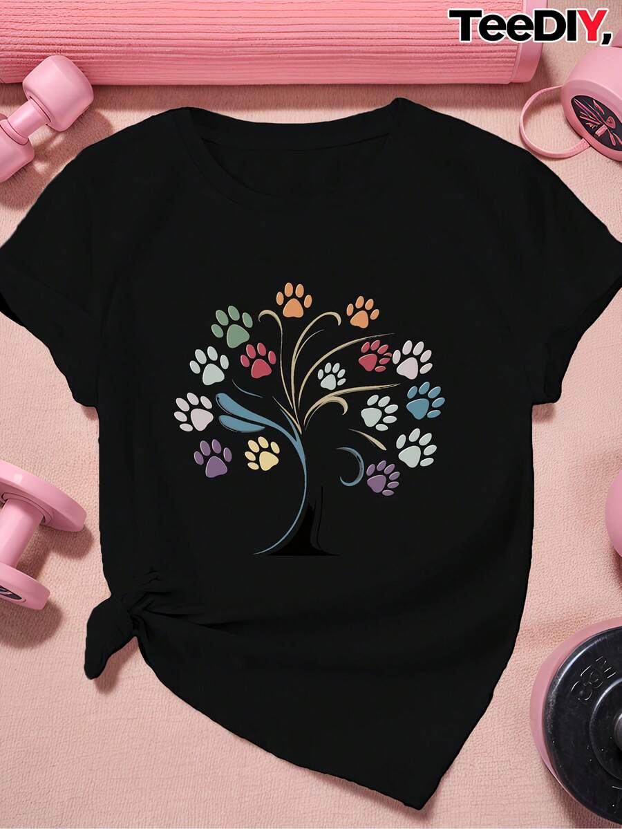 Women's Casual Top. Plus Size Women's Short-Sleeved Athletic T-Shirt With A Paw Print And Tree Print. A Must-Have For Everyday Casual Wear. - 黑色 - 查看 1