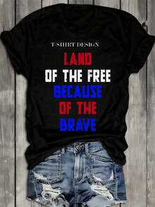 Camiseta de mujer de diseño sencillo, con el estampado "Free Land", disponible en negro. Estas camisetas estampadas son adecuadas para todas las estaciones, ofreciendo un aspecto elegante y durabilidad. Camisetas estampadas de moda para primavera y otoño, perfectas para un uso diario cómodo. Elegantes y prácticas. - Negro - Ver 1