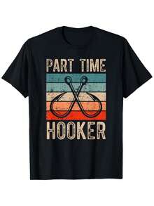 100% Cotton Retro Fishing Hooks Part Time T-Shirt - Black - View 1