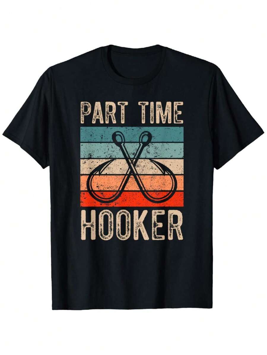 100% Cotton Retro Fishing Hooks Part Time T-Shirt - Black - View 1