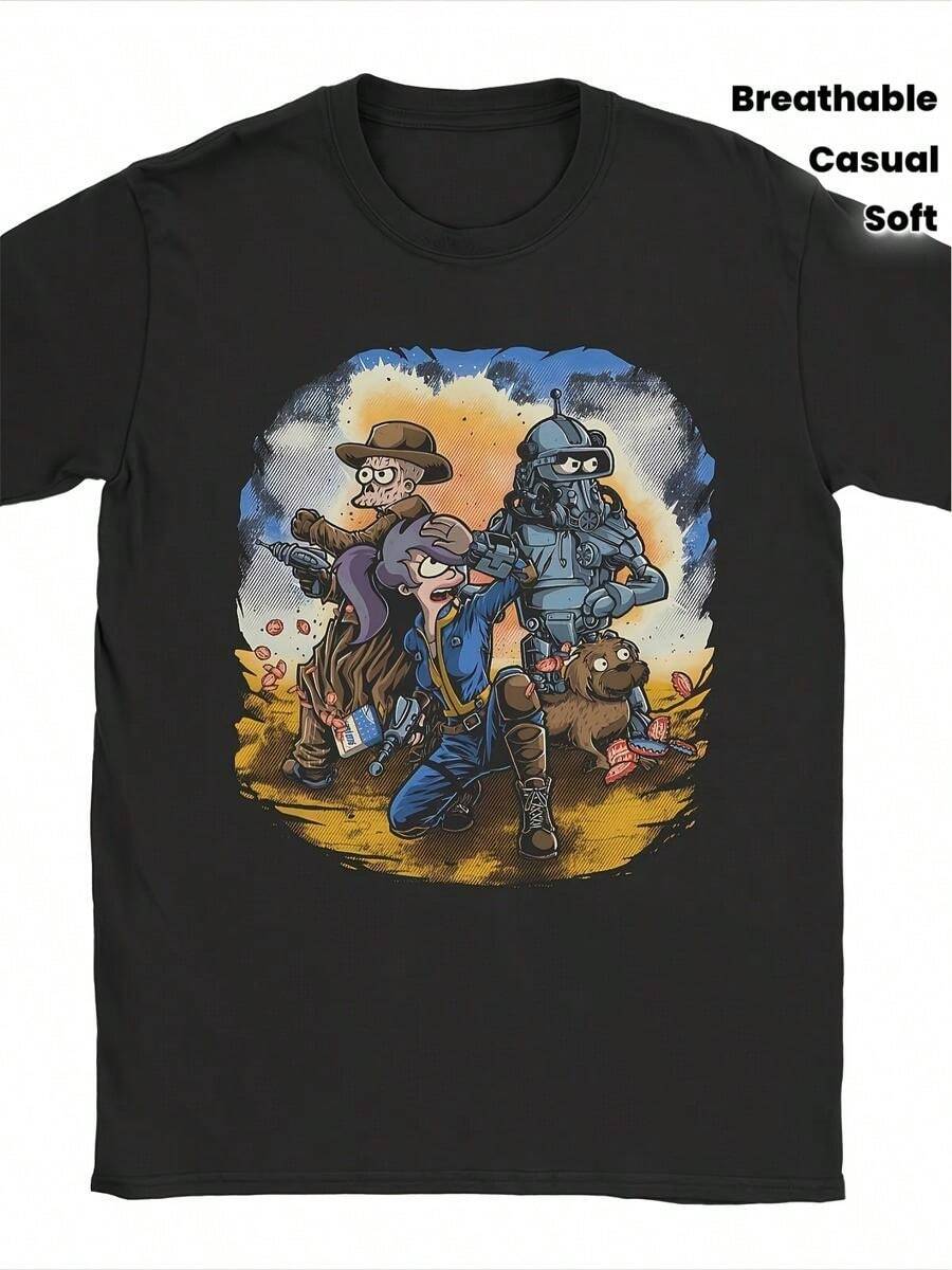 Camiseta gráfica de Fallout para hombre de LocalMen's con personajes postapocalípticos - Camiseta suave y transpirable de cuello redondo para fans de los videojuegos - Atuendo casual y para convencion - Negro - Ver 1