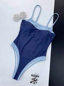 Traje de baño de una pieza con bloques de color, escote cuadrado y tirantes anchos para mujer.El ajuste ceñido acentúa las curvas del Body para un look de playa elegante.Vacaciones - azul real - Ver 2
